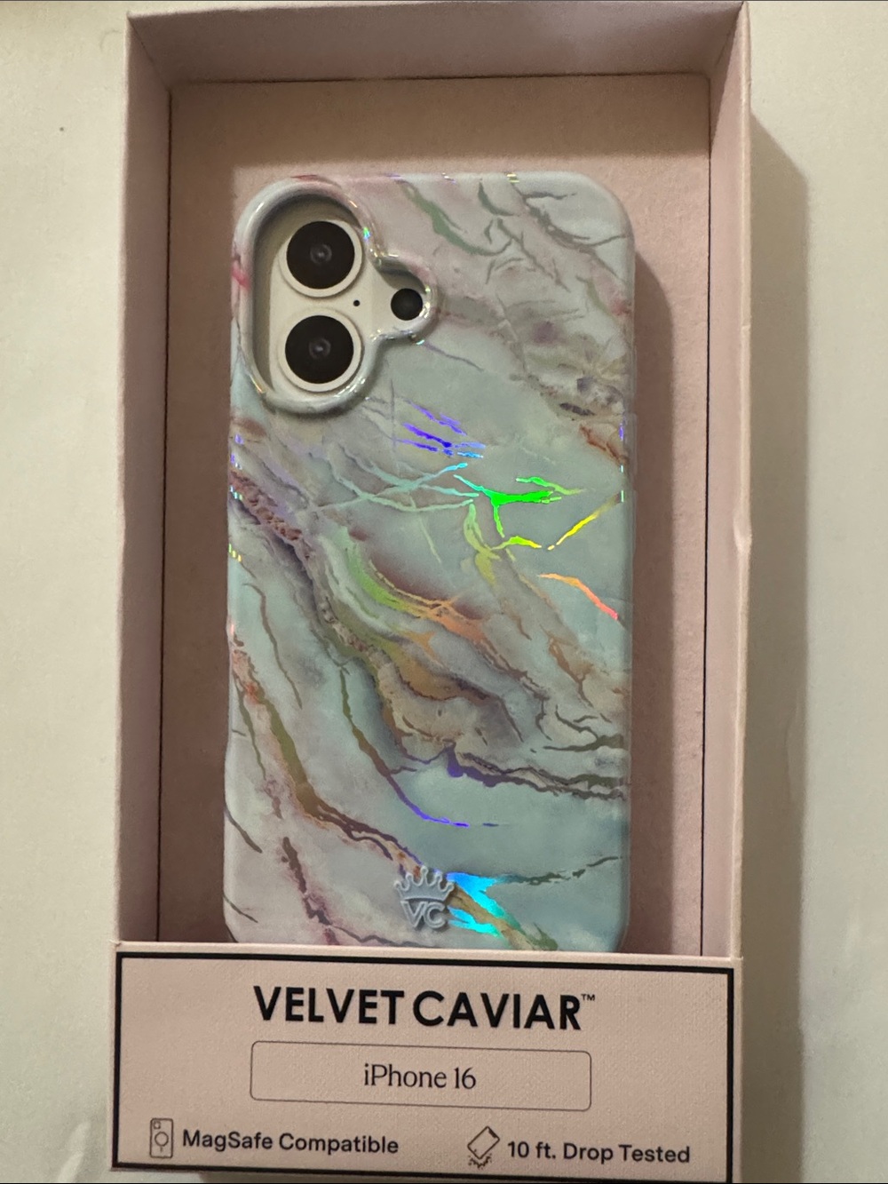 Velvet Caviar Marble Holographic iPhone 16 Case - White with Multicolor Veins